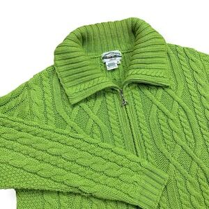 VTG Aran Crafts 100% Merino Wool 1/4 Zip Cable Knit Sweater XL Green Ireland‎